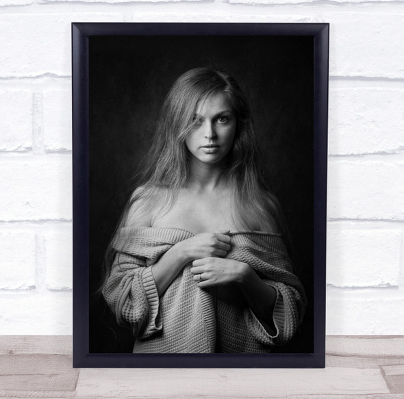 black and white woman long hair woman cold shoulder Wall Art Print