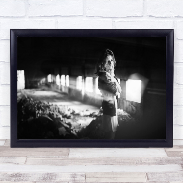 Model Woman in dress brick lighting black and white Wall Art Print