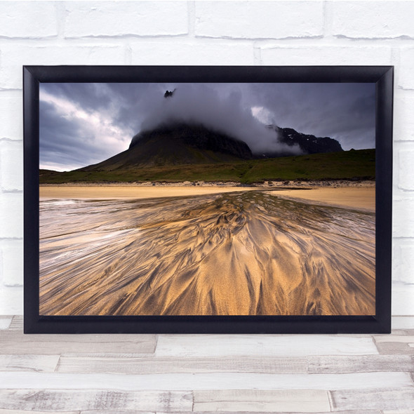 Iceland Selardalur sandy beach mountain cloudy sky Wall Art Print