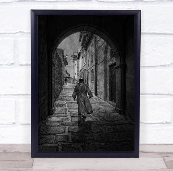 Priest in robes running through tunnel cobblestone Wall Art Print