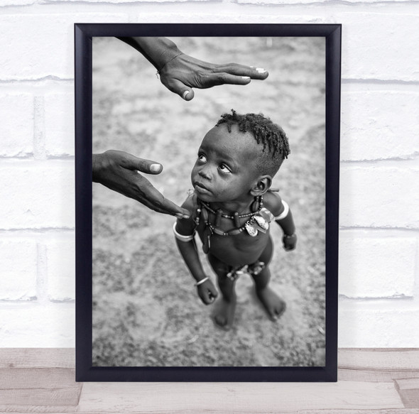 African child Black and white looking stare hands Wall Art Print