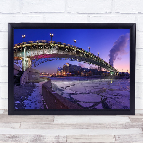 Moscow Bridge Night Ice Smoke River Winter Frozen Wall Art Print