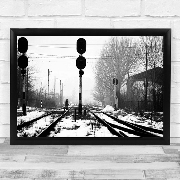 Railroad Station Tracks Snow Winter Black & White Wall Art Print