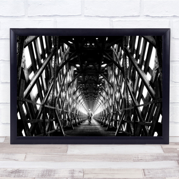 Bridge Pattern Light Man on bike black and white Wall Art Print