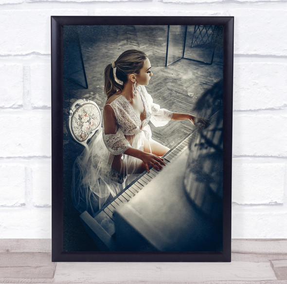In The Music Of Light woman on piano white dress Wall Art Print