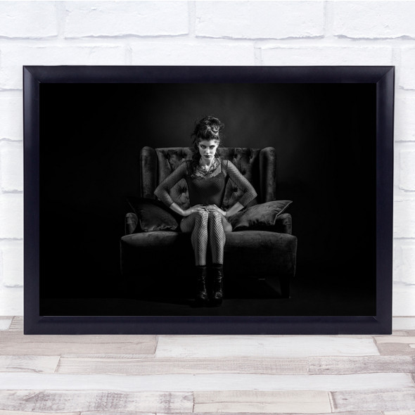 Lady Sat In Chair Black White Leather Mysterious Wall Art Print