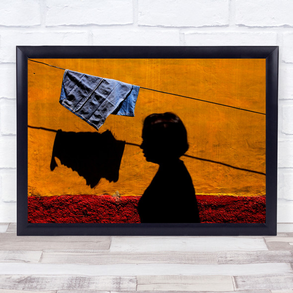 Passing By woman walking clothes line blue cloth Wall Art Print