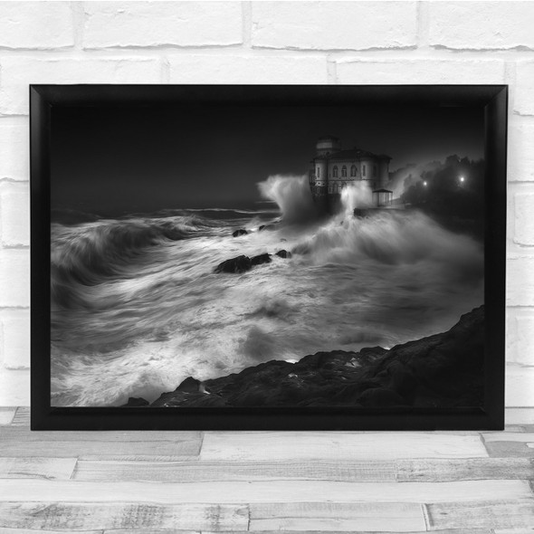 Sea Waves Storm Seascape Landscape Black & White Wall Art Print