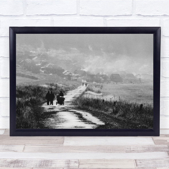 Black & White Walking to Village Stormy Clouded Wall Art Print