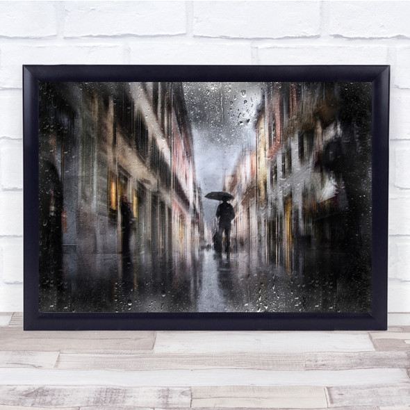 city moody ran walking umbrella man motion blur Wall Art Print