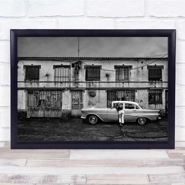 Classic Car Old Woman Black & White street view Wall Art Print