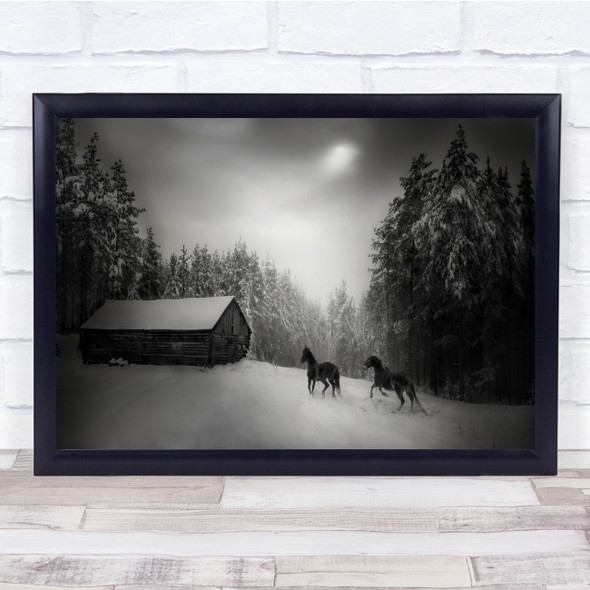 Horses snow landscape trees cabin Black & White Wall Art Print