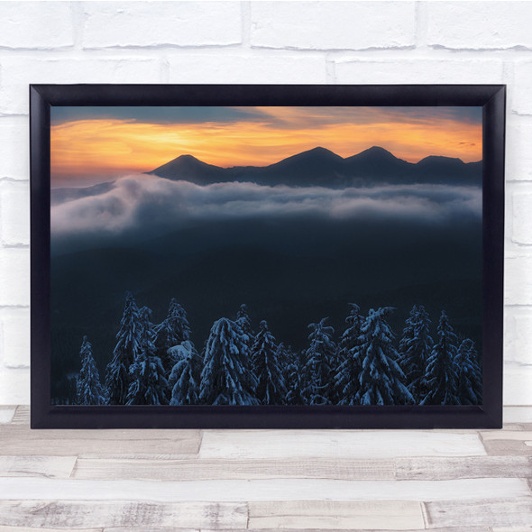 Mountains in Distance Snowy Trees Cloudy Sunset Wall Art Print