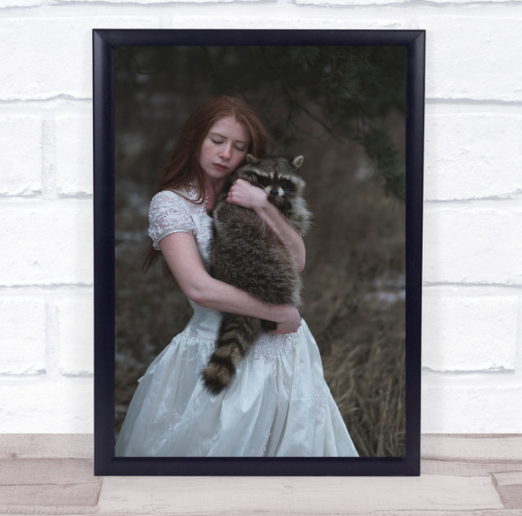 Red haired woman in bride dress holding raccoon Wall Art Print