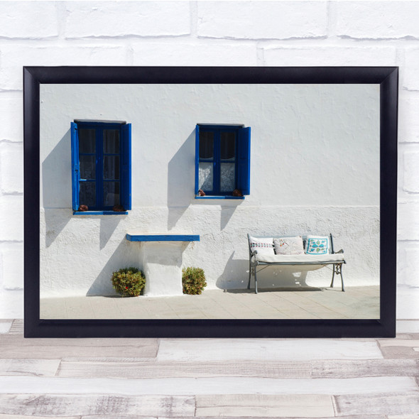 Santorini Greece Blue Bench Sofa Pillows Travel Wall Art Print