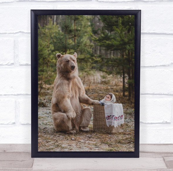 Bear and little girl picnic basket nature cute Wall Art Print