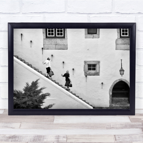 Black & White Two Women Stairs Building Window Wall Art Print