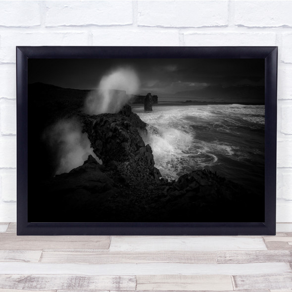 black and white sea coast waves crashing rocks Wall Art Print