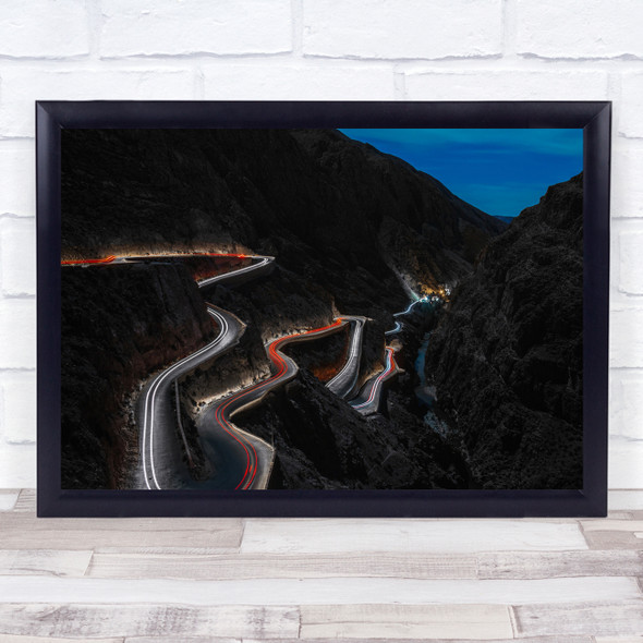 Canyon winding road mountains car light trails Wall Art Print