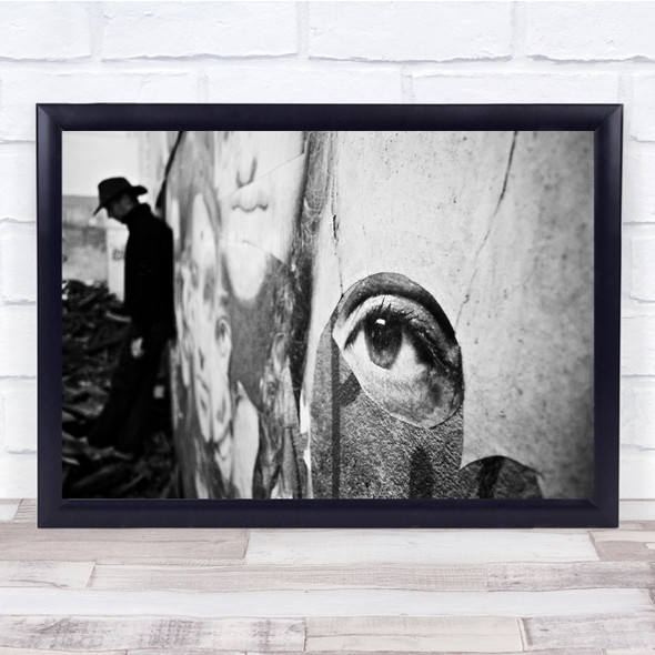 Eye on wall man leaning cowboy black and white Wall Art Print