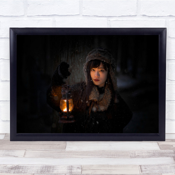 Girl Holding Lantern In The Cold Night Is Dark Wall Art Print