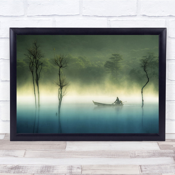 Lake Water Fog Mist Smoke Building Trees Wood Boat Men Fishing Wall Art  Print - Wild Wall Art