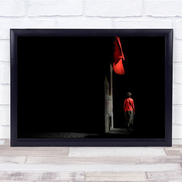 Woman Walking Colour Red Black White Dark Door Wall Art Print