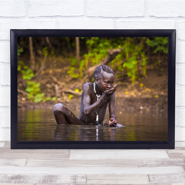 African Kids Sitting Drinking Lake reflection Wall Art Print