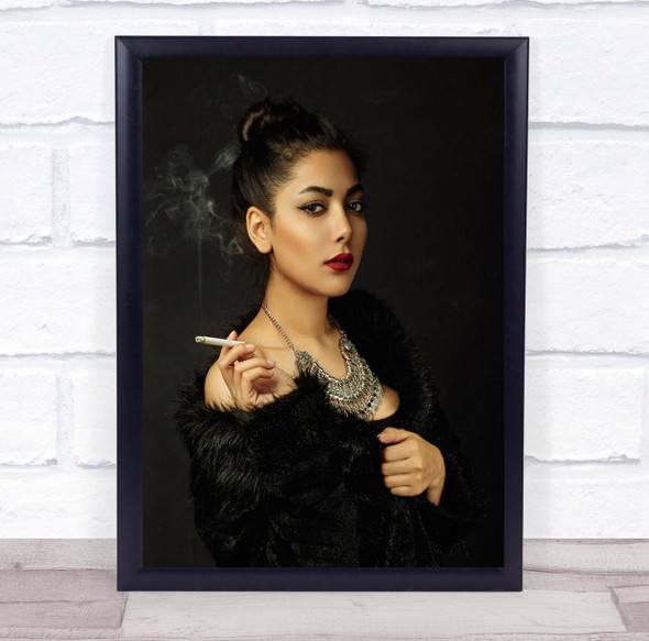 Black fur coat woman smoking hair up necklace Wall Art Print