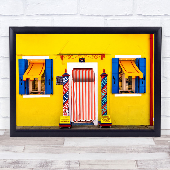 Bright yellow shop red white curtain building Wall Art Print