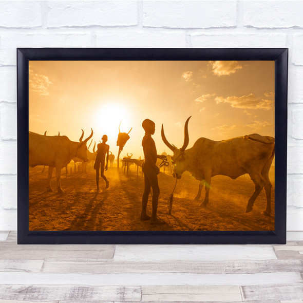 Gold Documentary Animal Cows Cattle Horns Sun Wall Art Print