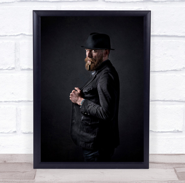 Smoking black jacket and hat bearded man pose Wall Art Print