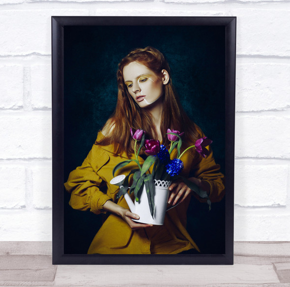 A Girl With Flowers watering can yellow coat Wall Art Print