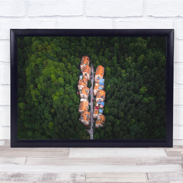 aerial establishing forest cluster of houses Wall Art Print