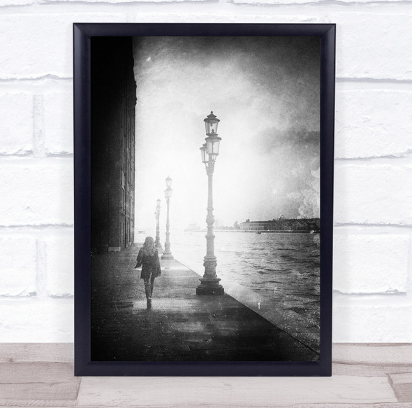 Distressed Lampposts woman walking buildings Wall Art Print