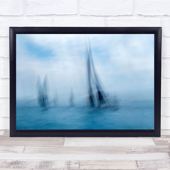 landscape double exposure blue sail boat sea Wall Art Print