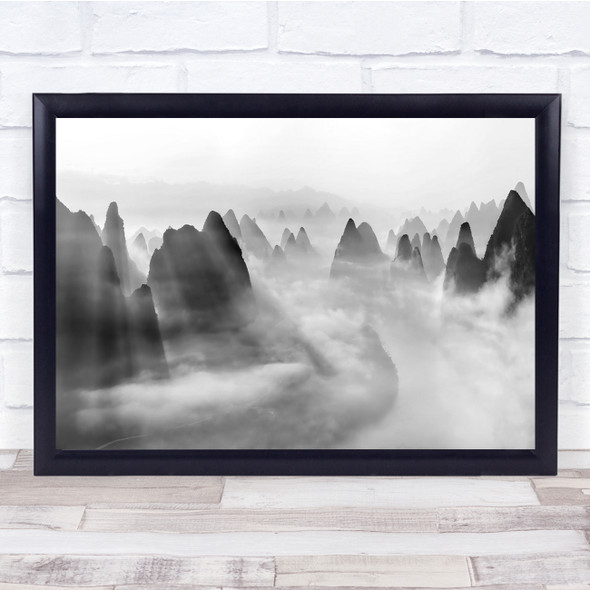 River Asia Mountain View foggy Black & White Wall Art Print