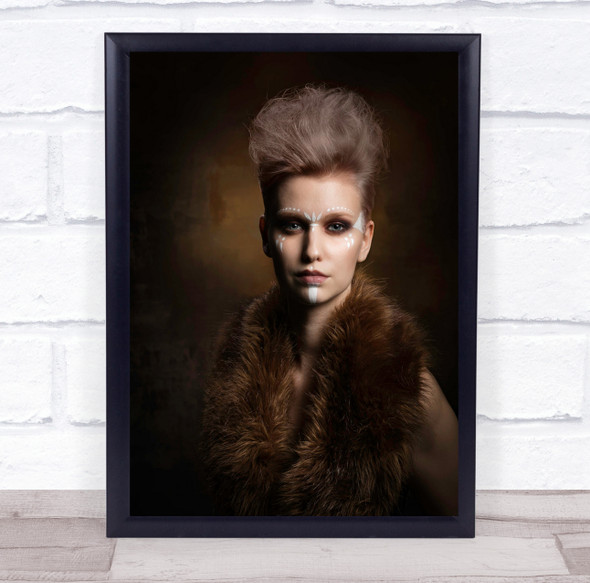 woman short hair white paint furry coat pose Wall Art Print