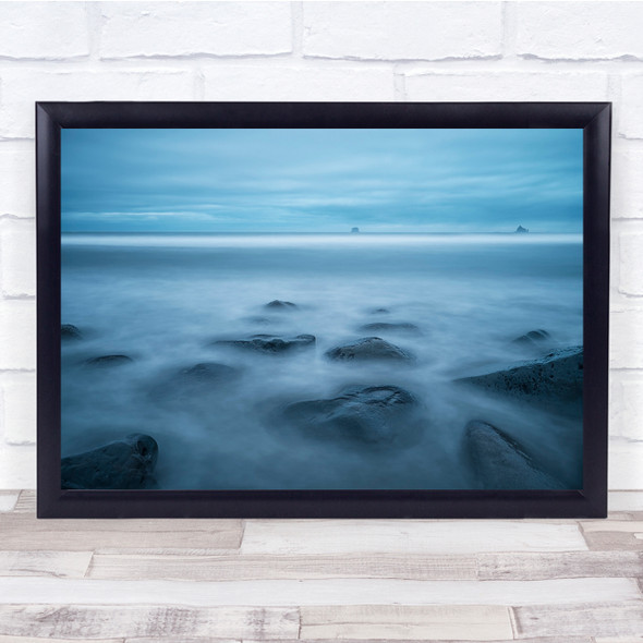 Blue Beach Ocean Rocks Sea Rock Foggy Milky Wall Art Print