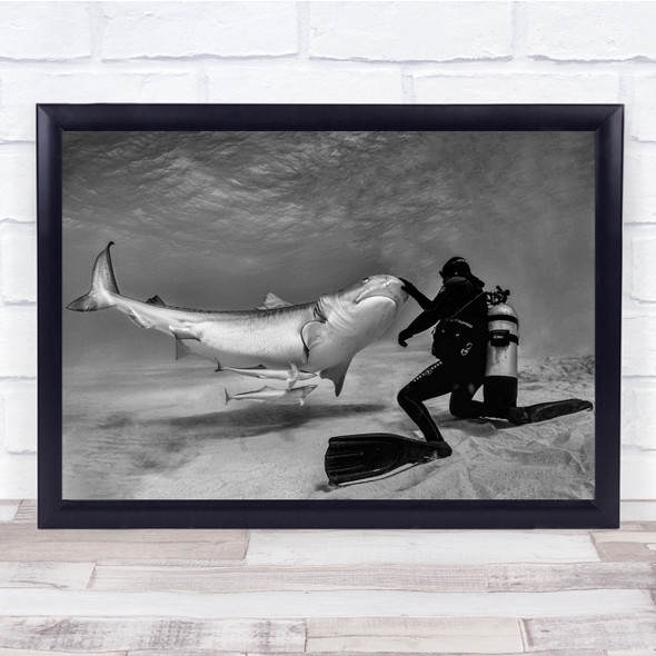 Dance With Sharks scuba diver sea life Grey Wall Art Print