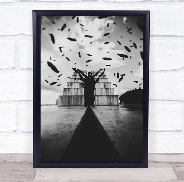 Feathers eerie woman black and white stairs Wall Art Print