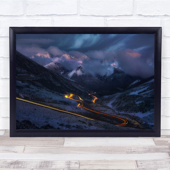 Landscape Night Road Light Trails Mountains Wall Art Print