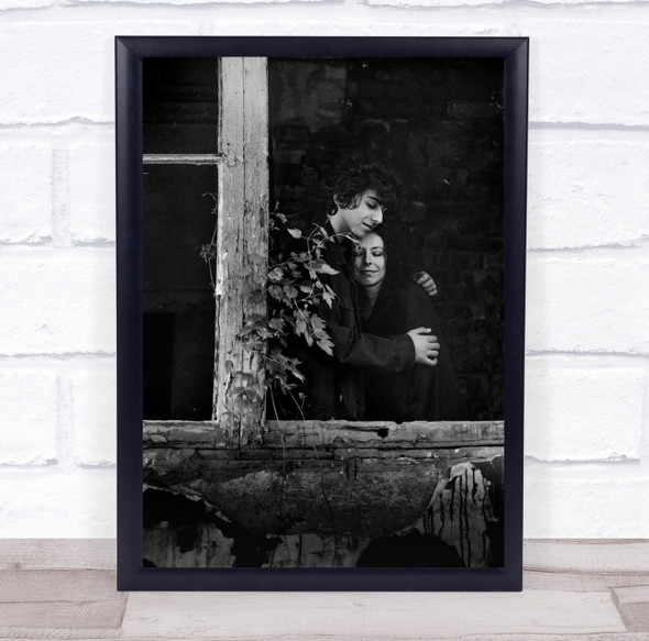 couple hugging black and white window vine Wall Art Print