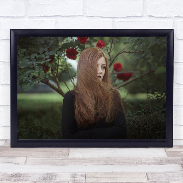 Red Rose Women posing hair blowing in wind Wall Art Print