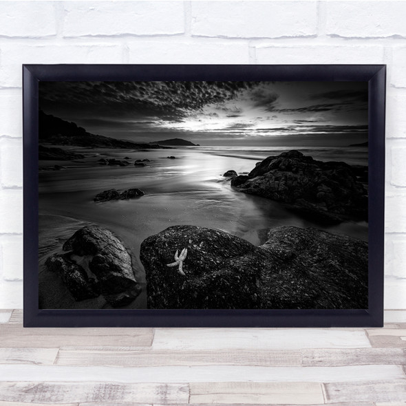 White Starfish rocks ocean black and white Wall Art Print