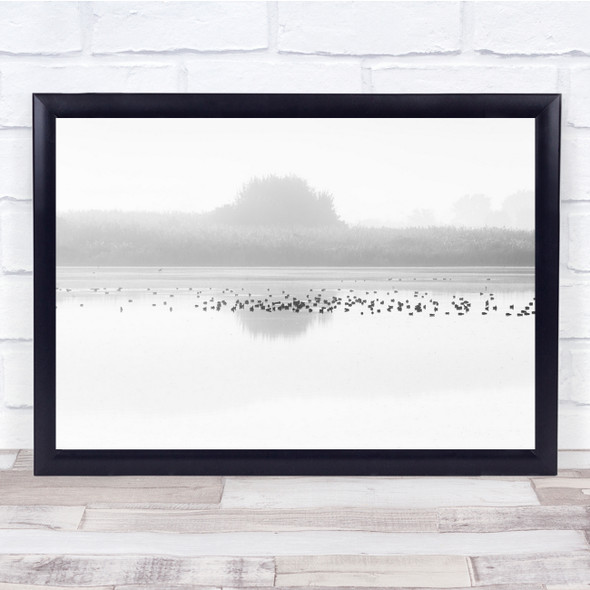 Black & White Birds On Water Cloudy Foggy Wall Art Print