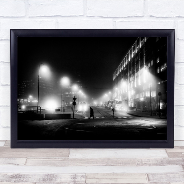 Man street dark lamp posts city buildings Wall Art Print