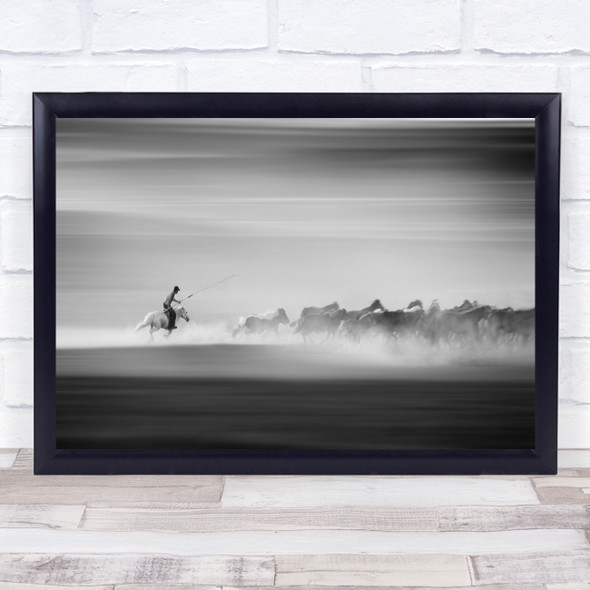 Mongolia Rider black and white horse herd Wall Art Print