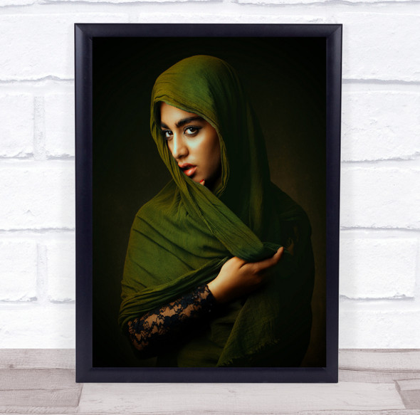 Woman in green robe stare expression pose Wall Art Print