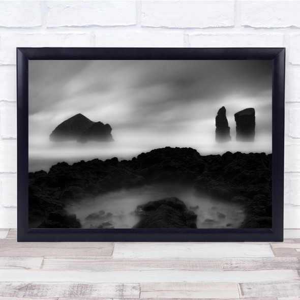 black and white rock pool sea view misty Wall Art Print